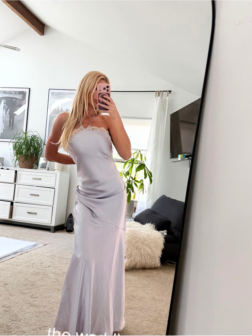 Satin Lilac Lace Trim Halter Dress — Romantic Wedding Guest Lavender Maxi Dress